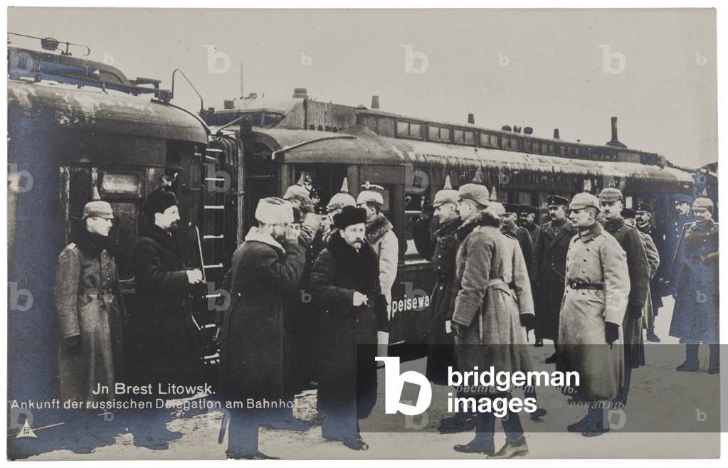 German Postcard Showing Soviet Official Lev Kamenev Arriving for the Brest-Litovsk Treaty Negotiations, 1918 (b/w photo)