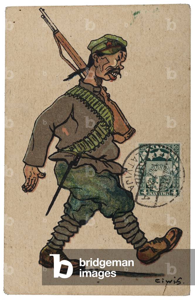 Latvian anti-Soviet propaganda postcard satirising a Chinese soldier fighting for the Bolsheviks during the Russian Civil War period, signed 'ciwi-s', early 1920s (postcard)