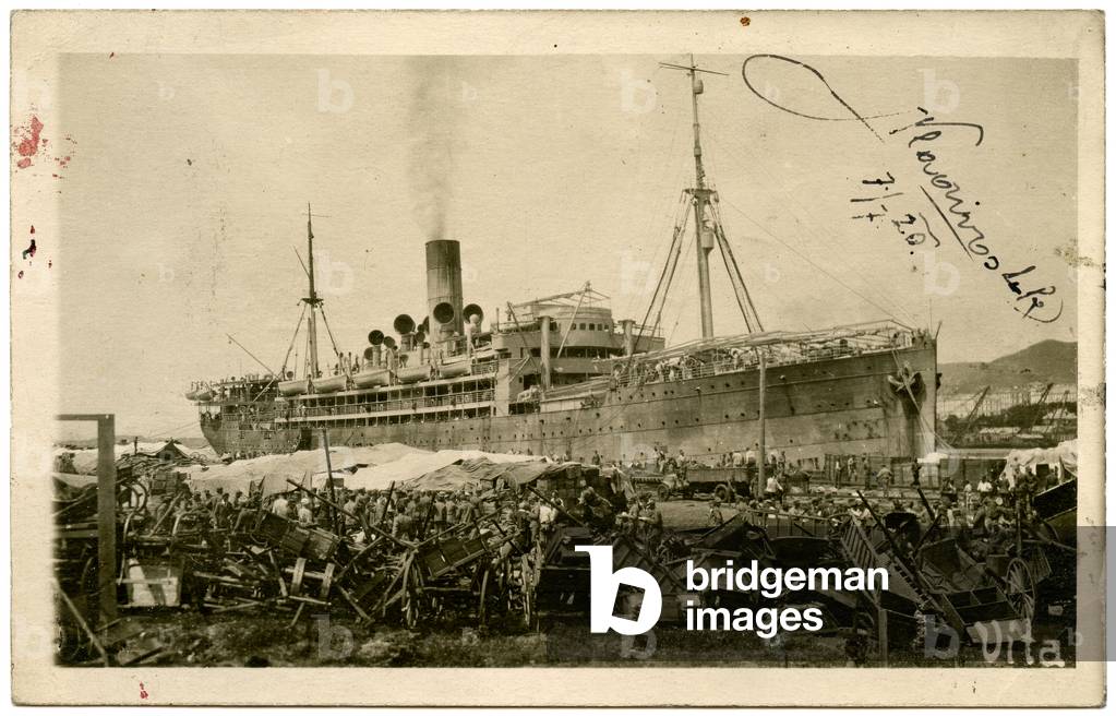 Postcard Showing Piles of Military Hardware Abandoned in Novorossiisk Port during the Evacuation of the White Army Following Defeat in the Russian Civil War, 1920