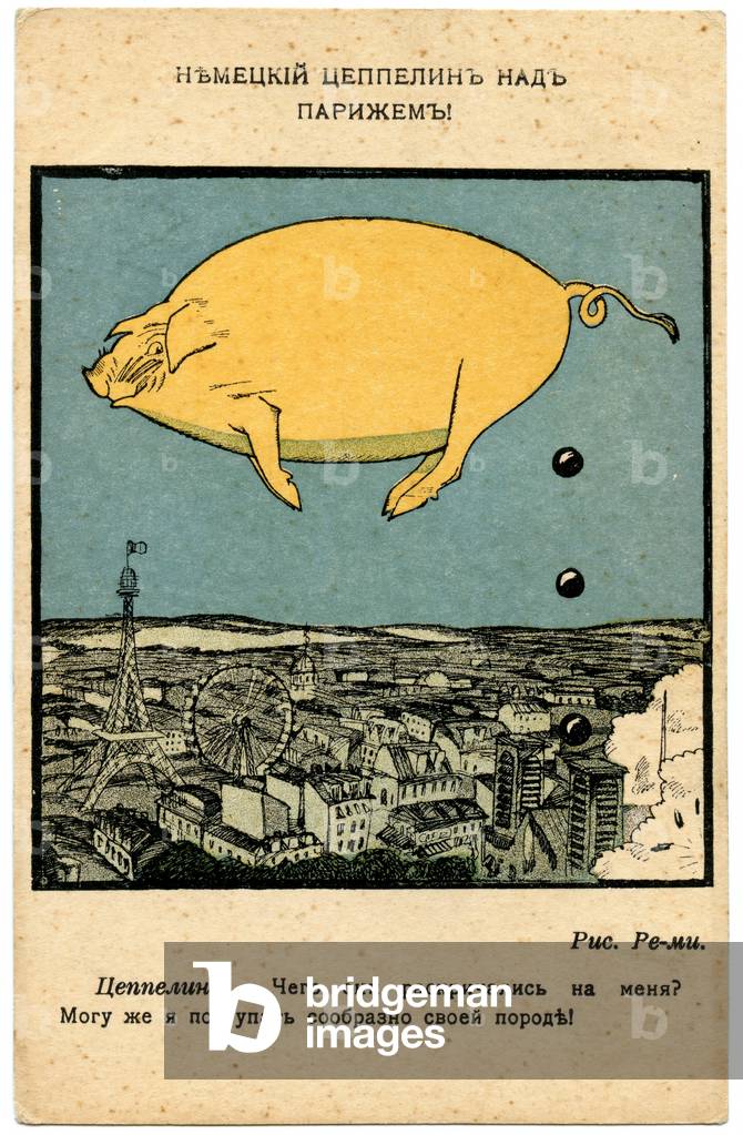 A German Zeppelin Over Paris, 1914 (colour litho)