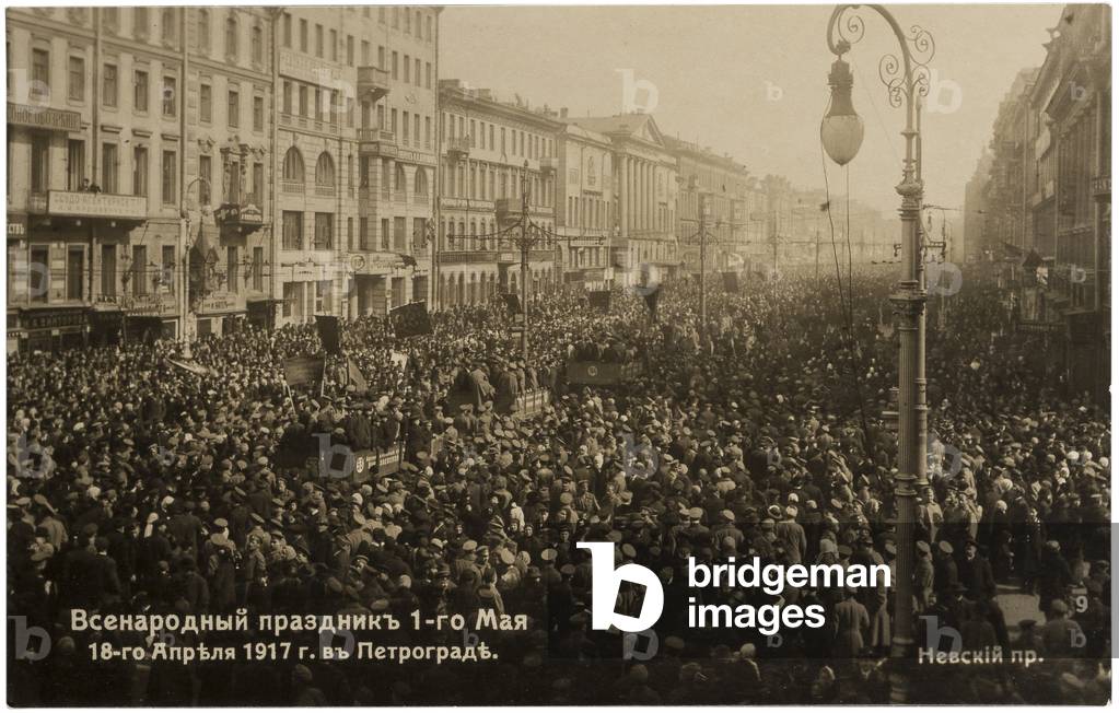 Russian photographic postcard depicting May Day celebration in Petrograd (Saint Petersburg) during the February Revolution, 1917