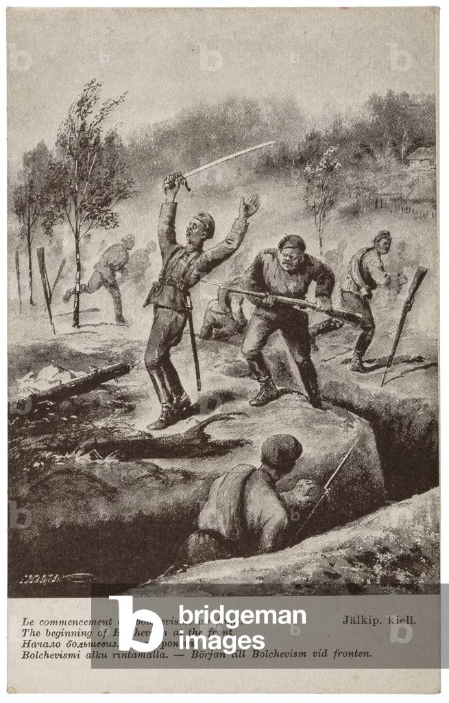 Anti-Soviet propaganda postcard depicting a Bolshevik supporter bayoneting an Imperial Army officer in the back during the First World War, c.1919 (postcard)