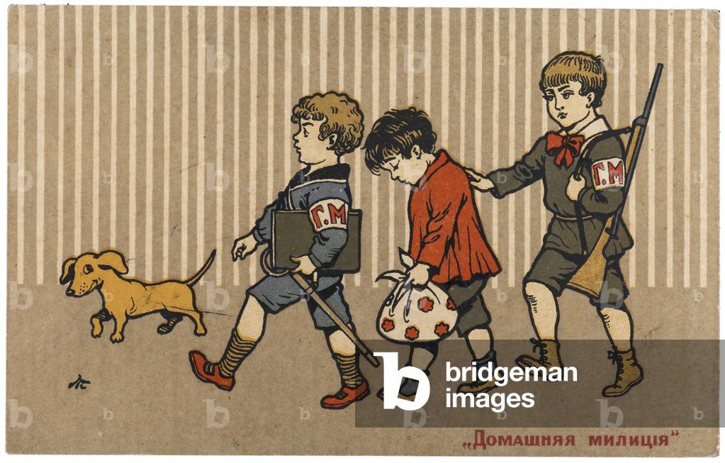 Russian postcard satire produced after the February Revolution depicting children as citizens of a free Russia, signed with the initial T., 1917 (postcard)
