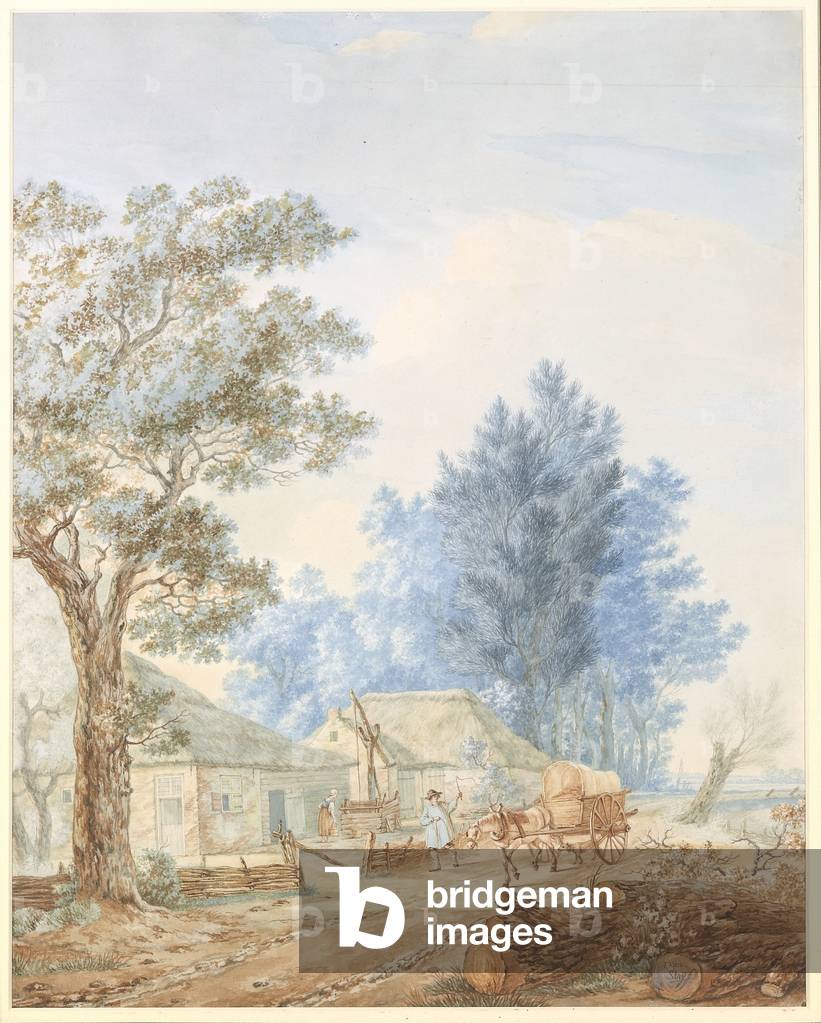 A landscape with a farmstead, drover, horse and cart (pencil & w/c on paper)