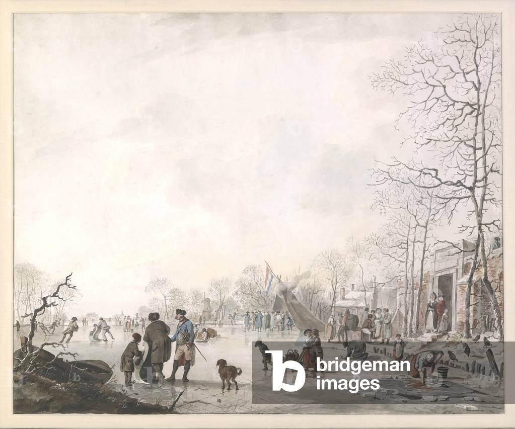 A winter landscape of a frozen lake with figures skating (pen & black ink, pencil and w/c on paper)