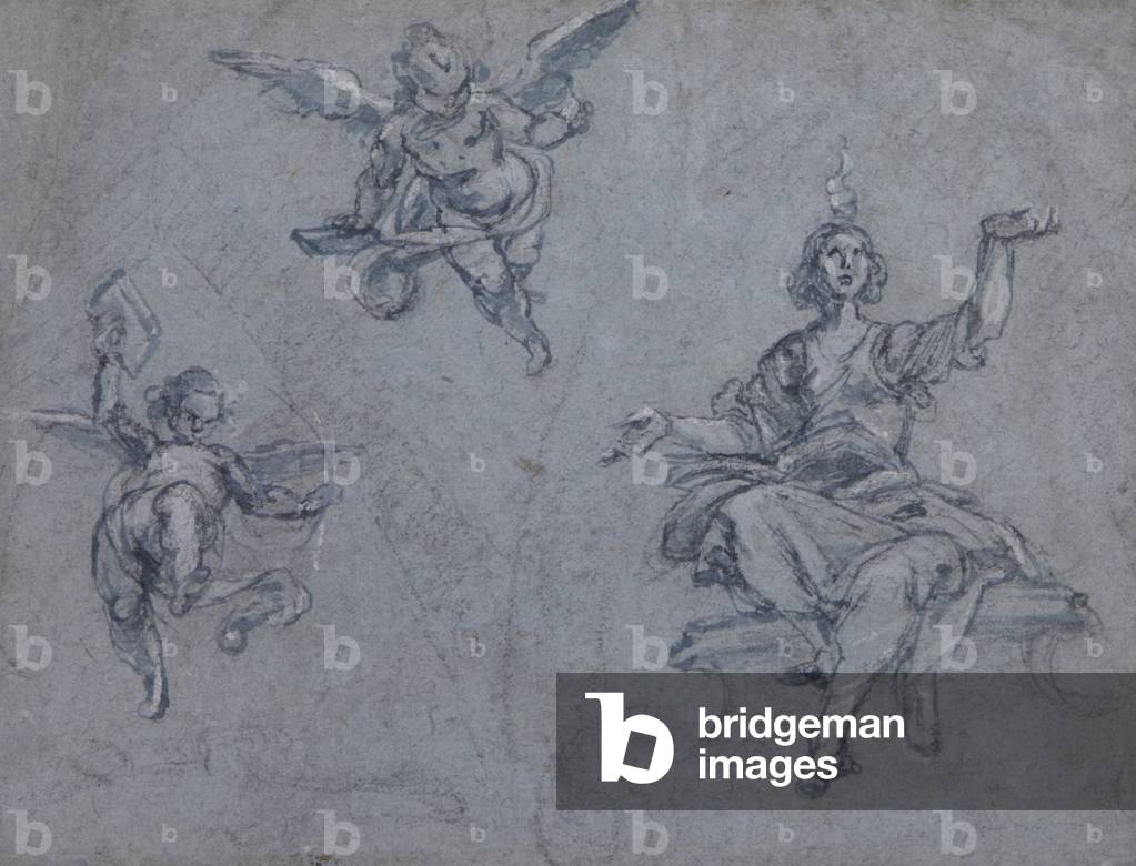 Two Putti in Flight, and a seated Allegorical Figure (black chalk & blue wash with white heightening on paper)