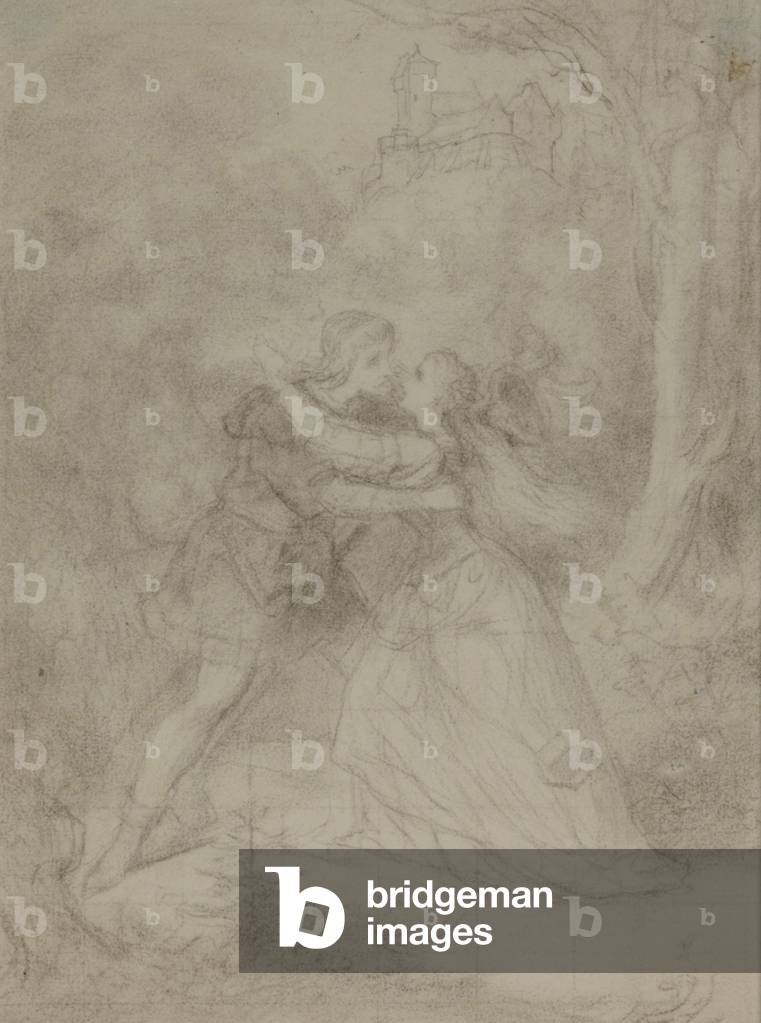 Two Lovers in a Wood, a Castle in the distance (black chalk on paper)