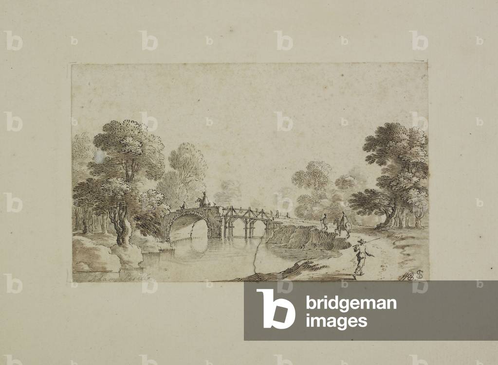 River Landscape with Travellers crossing a Bridge (pencil, pen & brown ink with wash on paper)