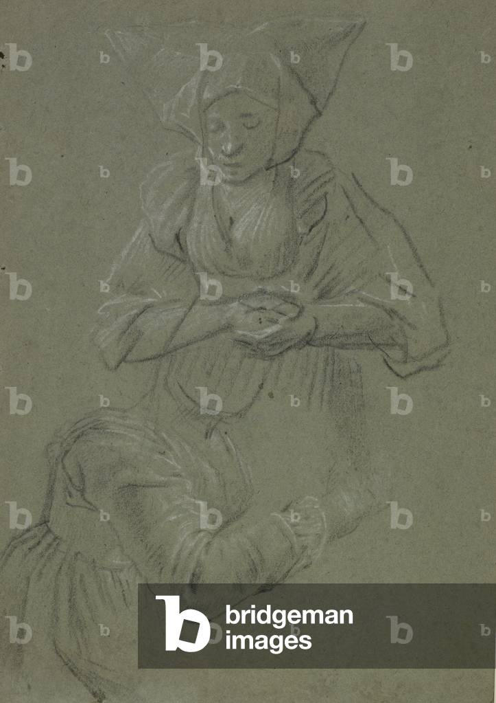 Two studies of a Woman, one in Prayer another in Profile, late 17th century (black & white chalk on blue paper)