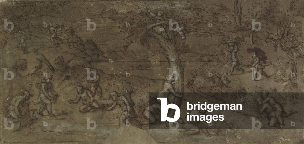 Mythological Scene with Children gathering Fruits and Playing, early 16th century (pen & ink with brown wash & white heightening on brown paper)