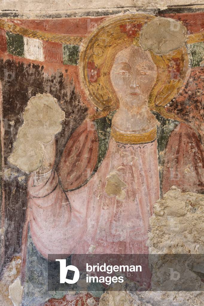 Frescoes in the Rock Church of Our Lady of the Three Doors. Deesis, detail of Christ Pantocrator, work of the Master of Miglionico, 15th century Matera, Basilicata, Italy (photo)