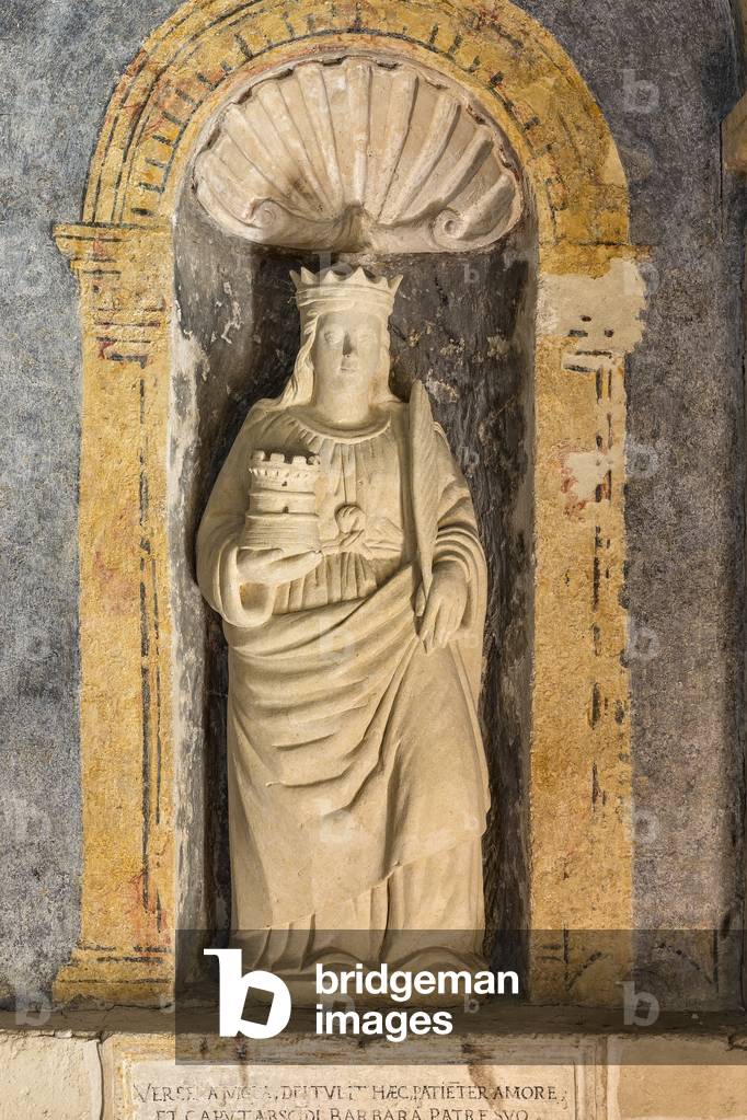 Statue of Saint Barbara, inside the Church of Santa Maria della Palomba, Matera, Italy, 16th-17th century (polychrome stone)
