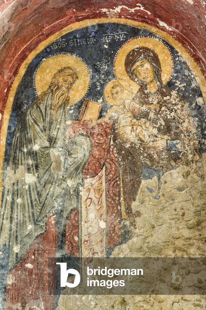 Massafra, Taranto, Apulia, Italy, The Rock Church of the Candelora, in the urban area, Presentation of Jesus at San Simeon, 13th century fresco (photo)