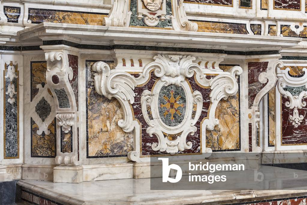 Right nave, Altar of the immaculate, detail of the paliotto, Basilica Co-cathedral Maria S. della Madia, Monopoli, Bari, Italy (photo)