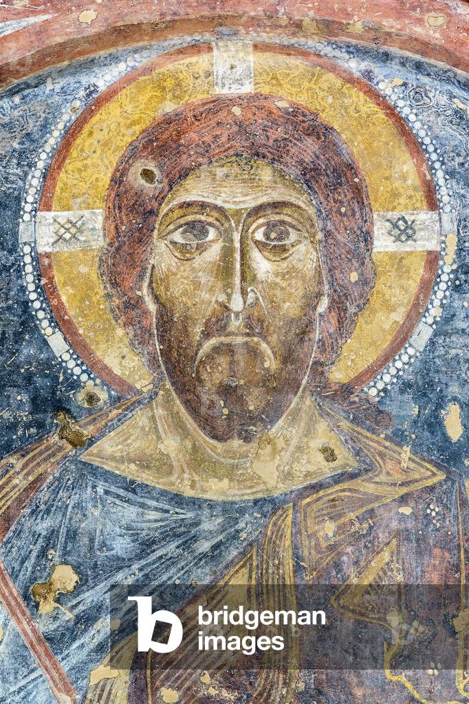 Mottola, Taranto, Puglia, Italy, Rock Church of St. Nicholas, Fresco of Christ Pantocrator in Deesis, detail (photo)