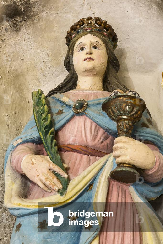 Rock church of Santa Lucia alle Malve, Matera, Basilicata, Italy, Altar of Saint Lucia (wooden statue of Saint Lucia) (photo)