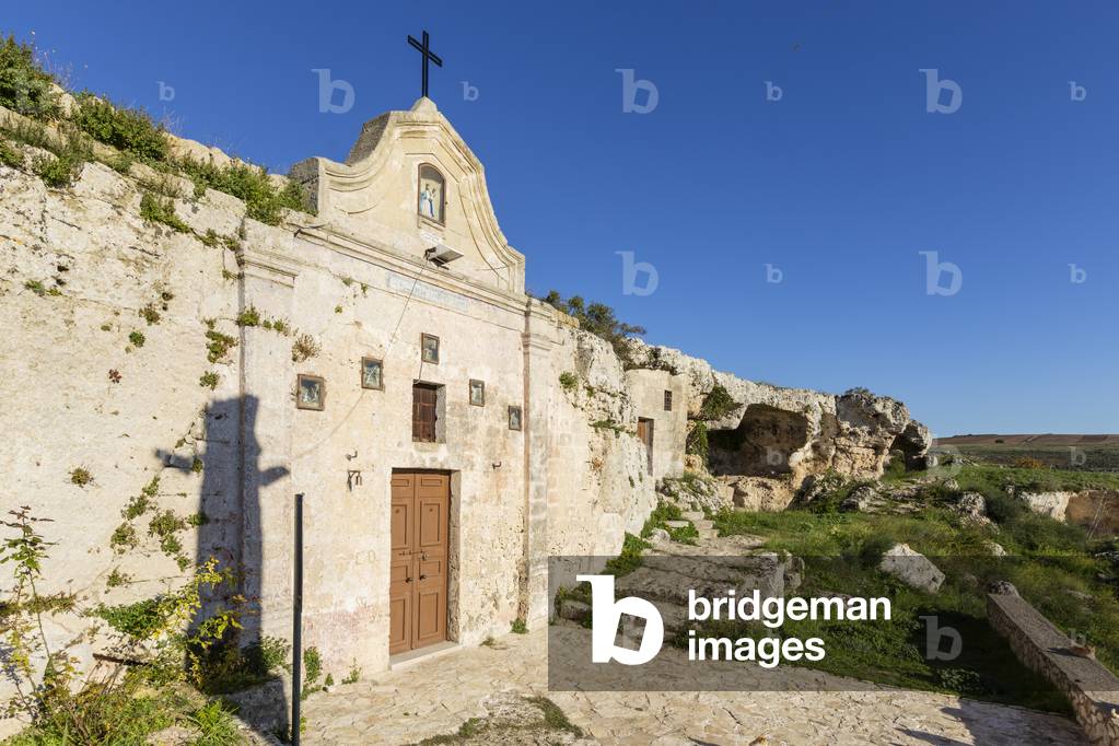 outside of the Rock Church of Our Lady of Angels, Matera, Basilicata, Italy.