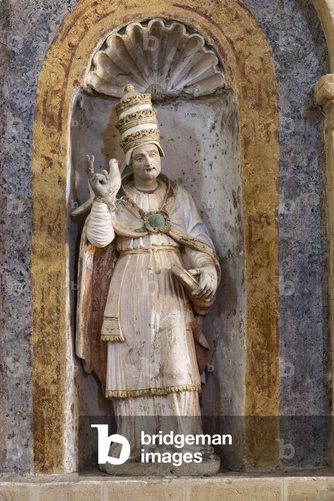 Papal statue inside the Church of Santa Maria della Palomba, Matera, Italy, 16th-17th century (polychrome stone)