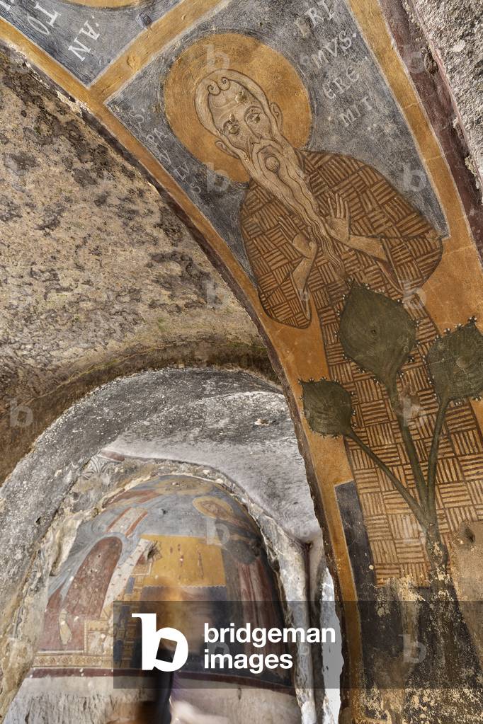 Massafra, Taranto, Puglia, Italy, The Rock Church of San Leonardo, in the urban area. Saint Paul the First Hermit, fresco (photo)