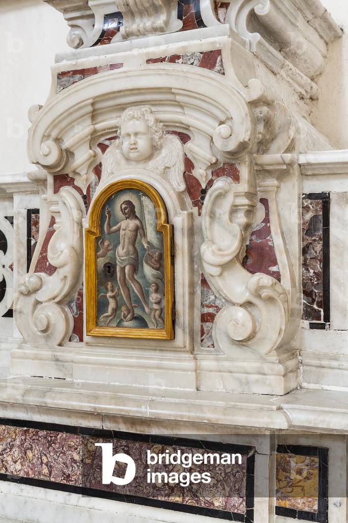 Left nave, Altar of the Redeemer, late 18th century, detail of the door of the painted ciborium, Basilica Co-cathedral Maria S. della Madia, Monopoli, Bari, Italy (photo)