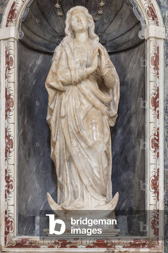 Altar of the immaculate, detail of the 18th century sculpture, Basilica Co-cathedral Maria S. della Madia, Monopoli, Bari, Italy (photo)