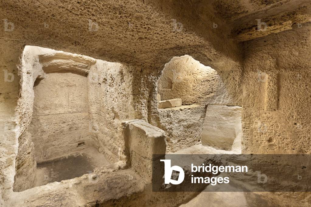 putridarium in the underground cemetery, Rock Church of San Pietro Barisano, Matera, Basilicata, Italy.