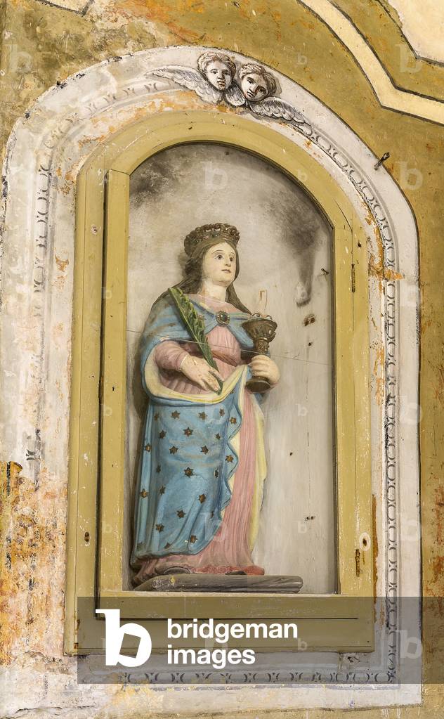 Rock church of Santa Lucia alle Malve, Matera, Basilicata, Italy, Altar of Saint Lucia (wooden statue of Saint Lucia) (photo)