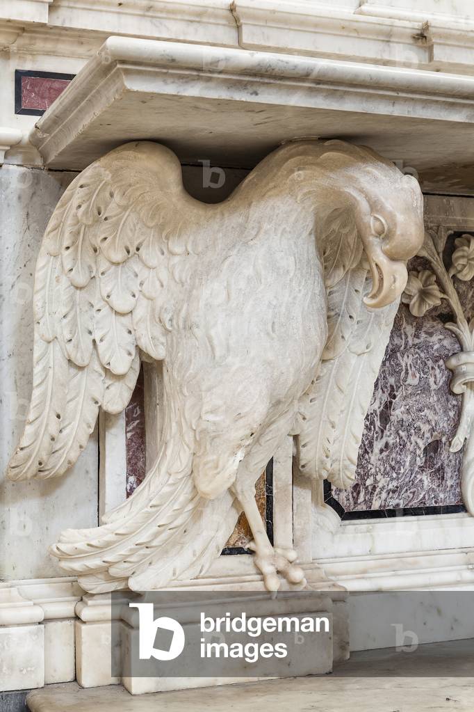Transept on the left, Chapel of the Rosary, marble decorations by A. Gentile (1749), Basilica Concathedral Maria S. della Madia, Monopoli, Bari, Italy (photo)
