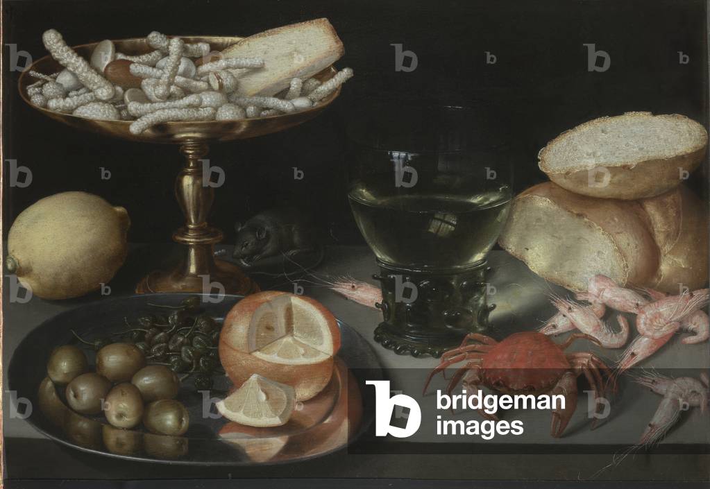 Still life with fruit, sweets, crustaceans, a glass and a mouse, c.1620 (oil on table)