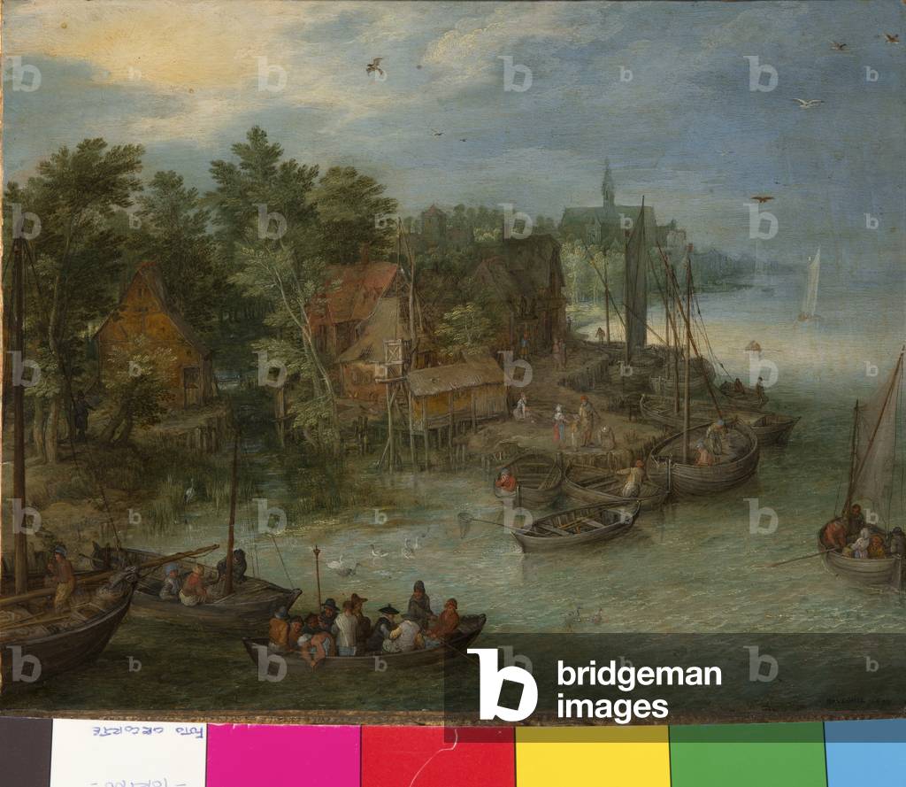 River Landscape with Landing, 1603 (Oil on Copper)
