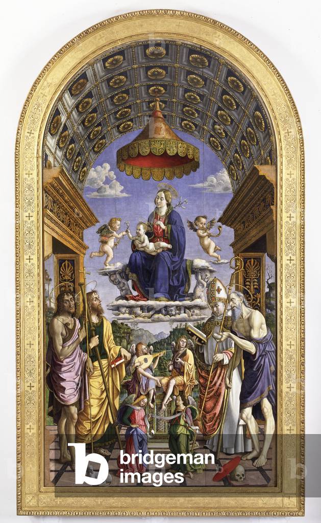 Madonna and Child in glory, musician angels and saints John the Baptist, James, Ugo and Jerome, 1498 (tempera on panel)