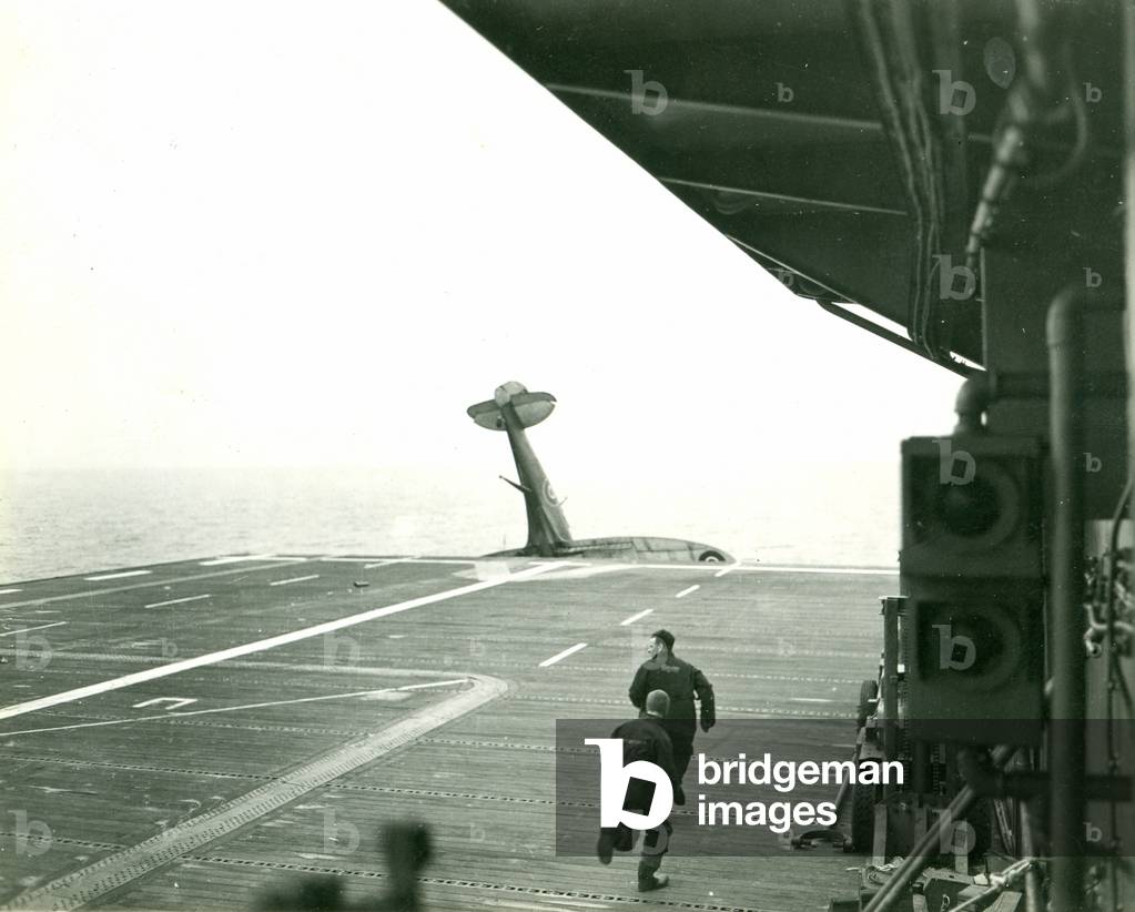 Seafire crashed on the deck of H.M.S. Ravenger, 1943-46 (b/w photo)
