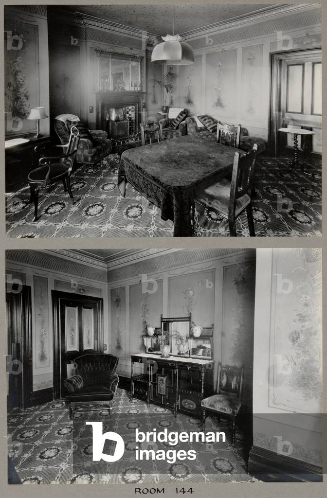 Room 144 at the Royal Bath Hotel, with murals by John Thomas (1826-1902), 1920-30 (b/w photo)