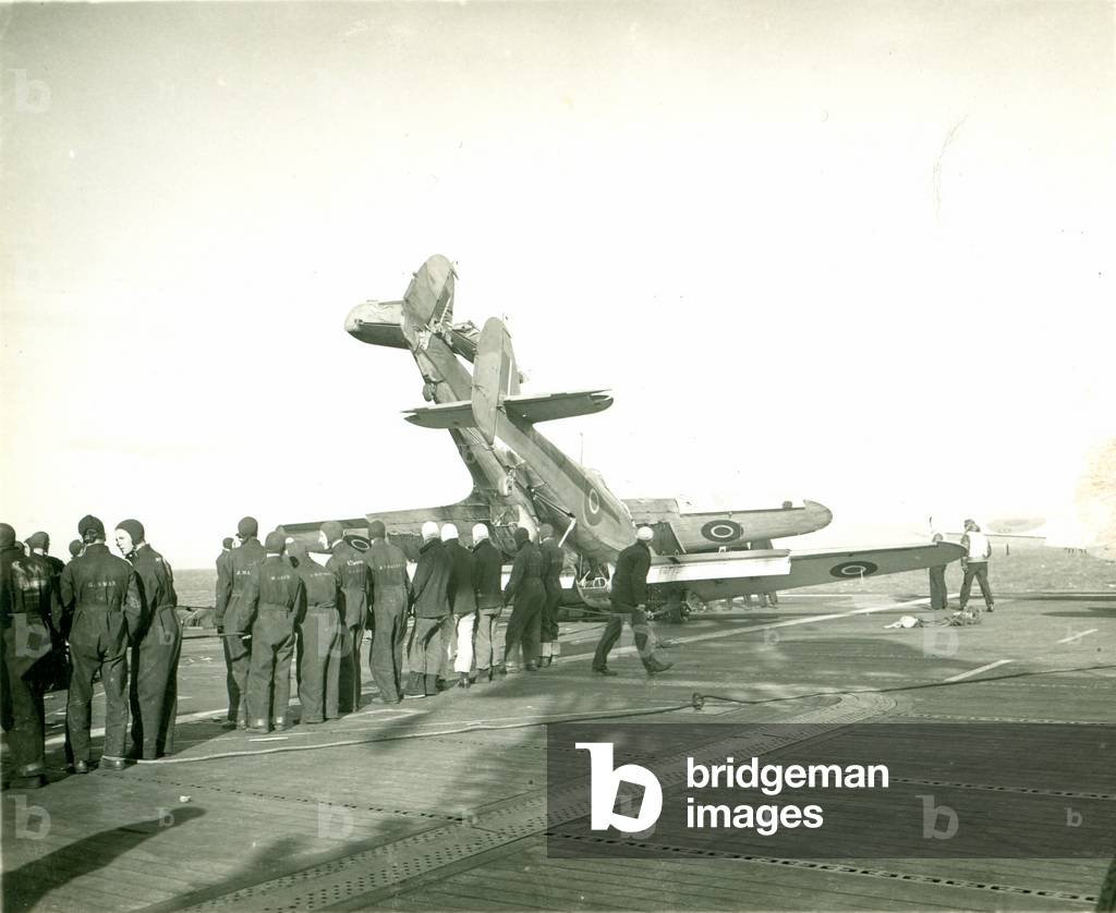 Sea Hurricanes crashed on the deck of H.M.S. Ravenger, 1943-46 (b/w photo)