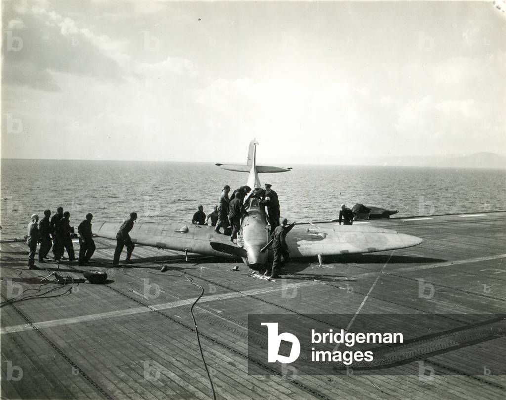 Seafire crashed on the deck of H.M.S. Ravenger, 1943-46 (b/w photo)