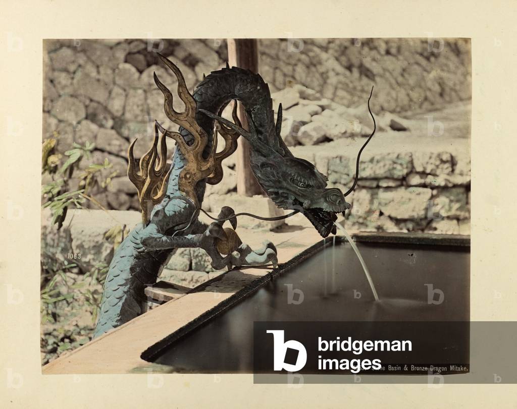 Stone basin and bronze dragon, Mitake (hand-coloured photo)