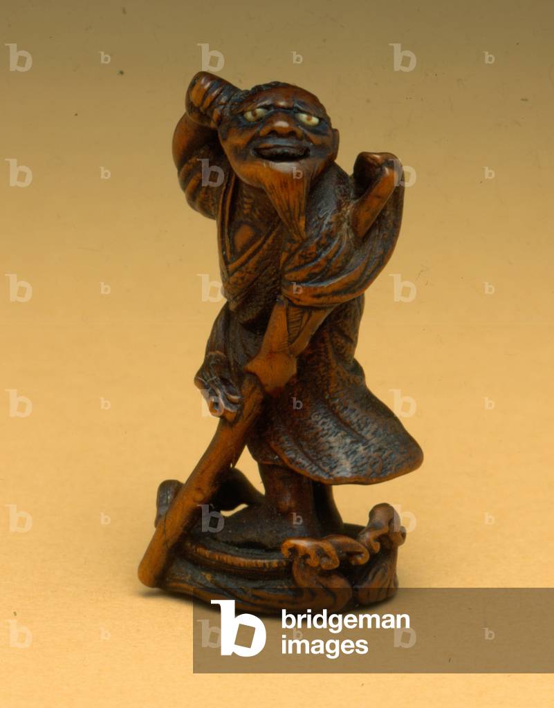 Japanese katabori-style netsuke - Sanfushi, a wise and immortal hermit or Sennin (boxwood & mother of pearl)