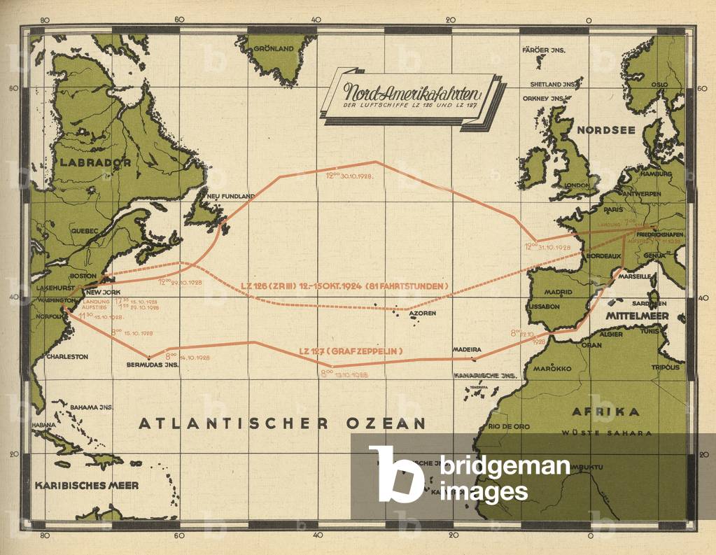 Transatlantic Map. Simple Image of Map showing the transatlantic routes taken by LZ 126 in by ...