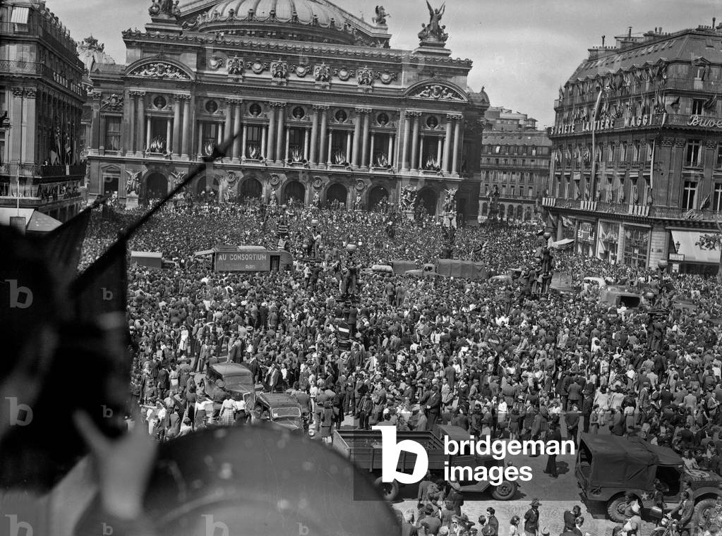 On may 8, 1945 : outside Paris Opera House, crowd celebrating german capitulation and end of the war armistice and end of the war