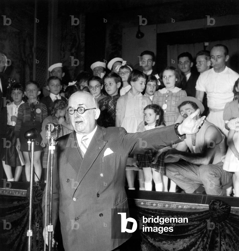 French president Vincent Auriol at Christmas party for the children at Elysee palace