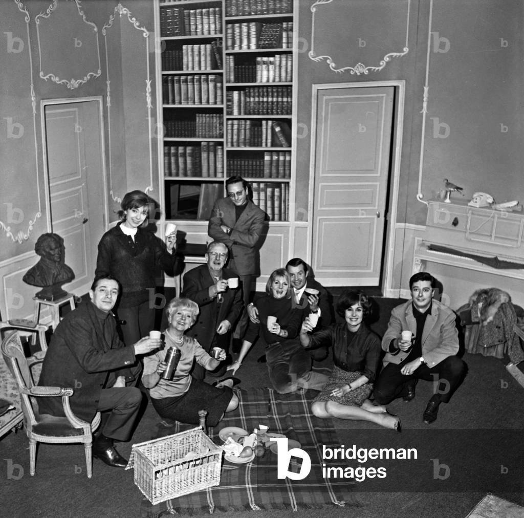 French actors Francois Guerin, Denise Grey, Anne Marie Coffinet, Henri Cremieux, Anne Carrere, Jean-Paul Coquelin, Claire Maurier, Guy Pierauld in play 