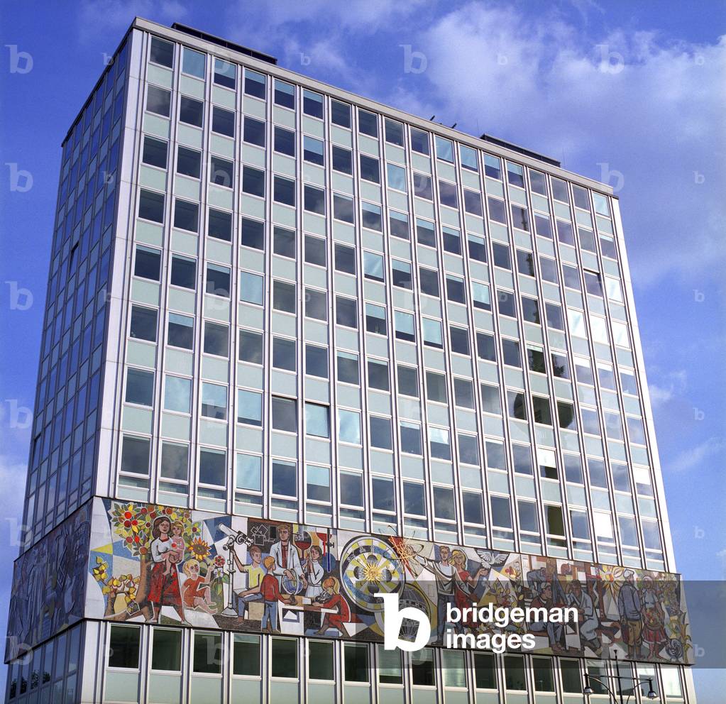 Socialist Mural: Haus des Lehrers, features an imposing mosaic frieze by Walter Womacka, consisting of about 800,000 coloured glass tiles, Alexanderplatz, Berlin (photo)