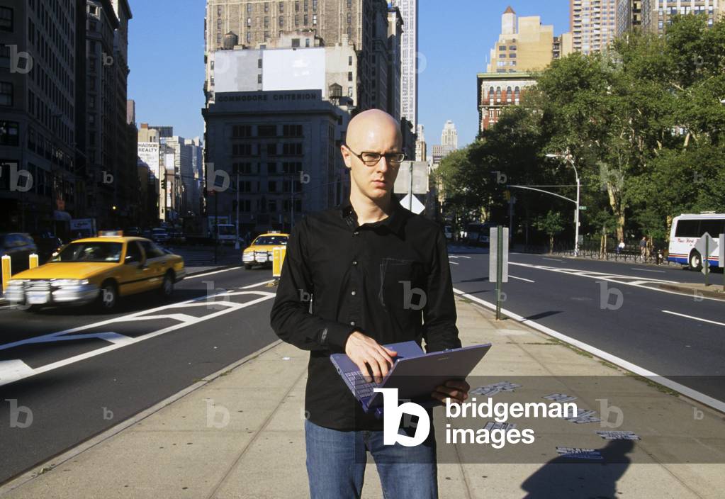 Richie Hawtin with computer in New York, US.