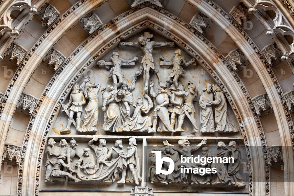 Tympanum reliefs above the central portal in the western facade, carved c.1949, St. Vitus Cathedral, Prague (photo)