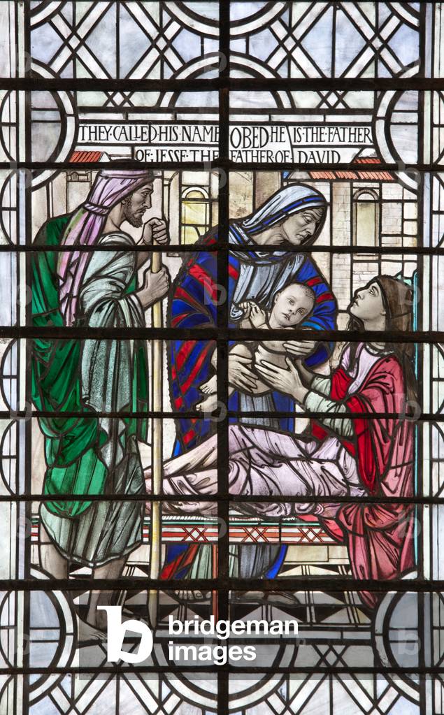 Stained glass window depicting the birth of Oved, Salisbury Cathedral (photo)