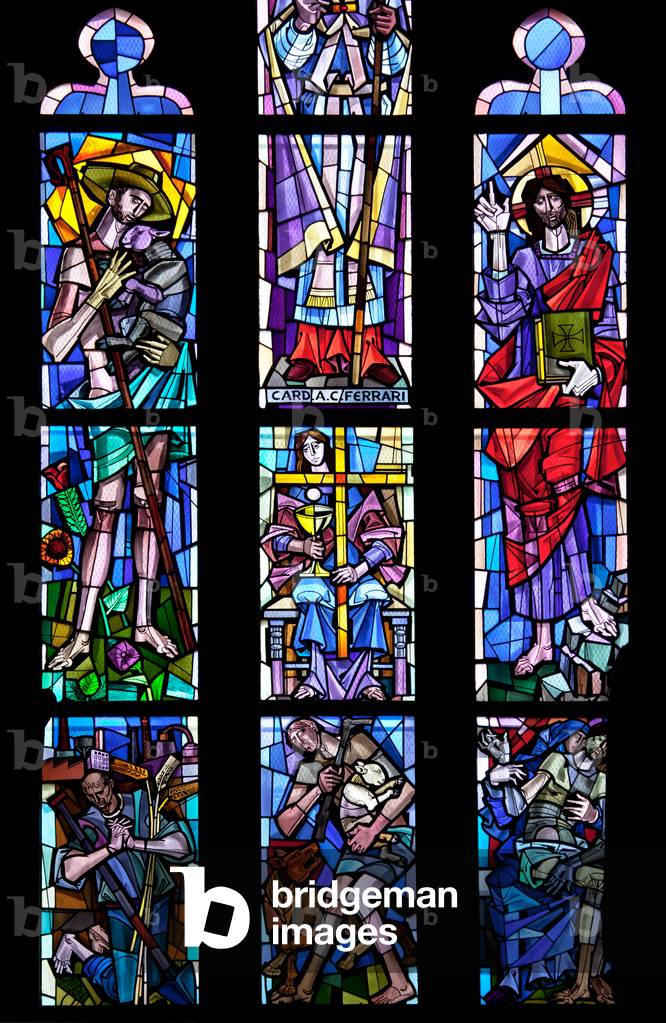 Seventh window, honouring Cardinals Carlo Ferrari and Alfredo Schuster (stained glass)