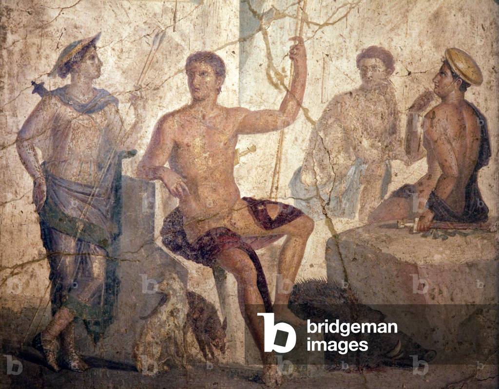 Meleager and Atalanta after the Calydonian Boar Hunt, fresco in the House of the Centaur, Pompeii, c.50-79 AD (fresco)