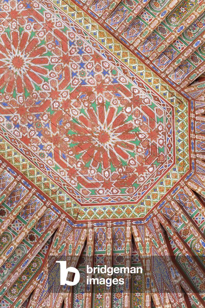 Detail of one of the ornate ceilings in the Bahia palace in Marrakech, Morocco