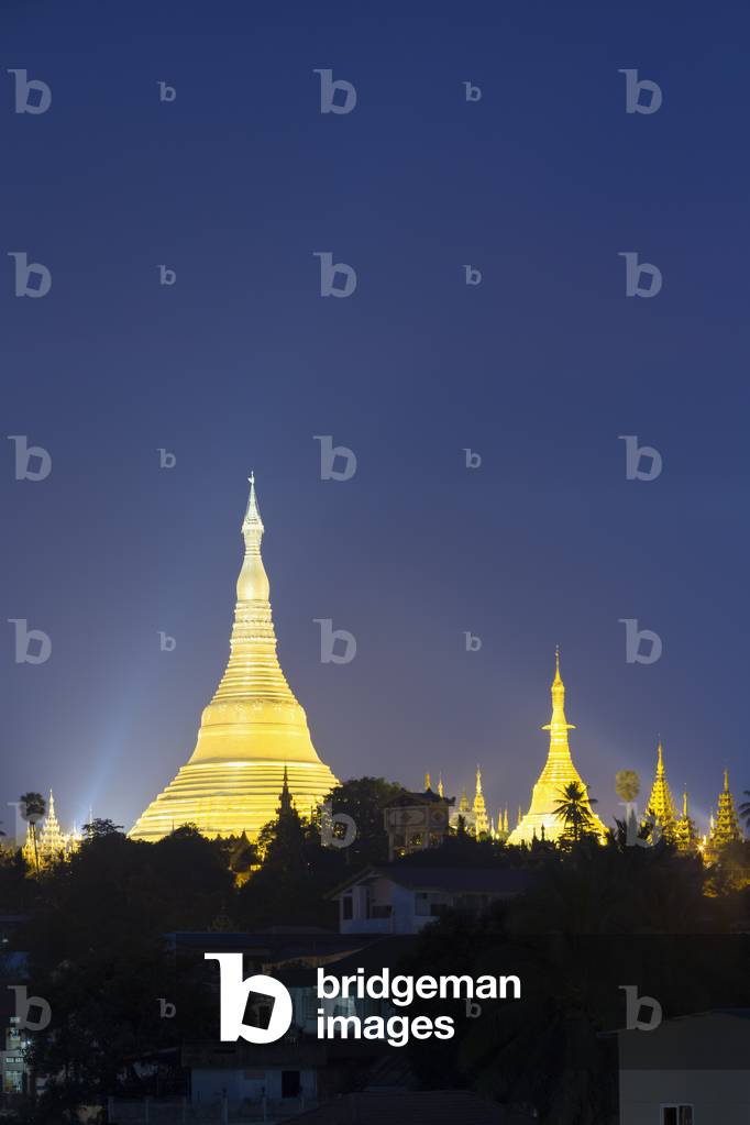 View of Shwedagon pagoda at sunset,  Yangon, Myanmar (photo)