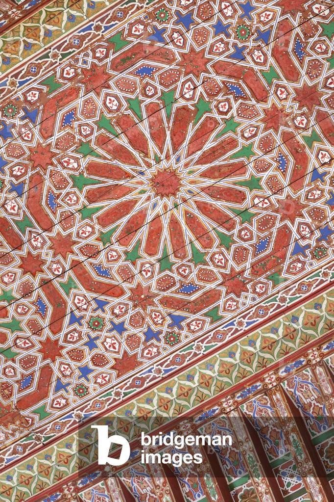 Detail of one of the ornate ceilings in the Bahia palace in Marrakech, Morocco
